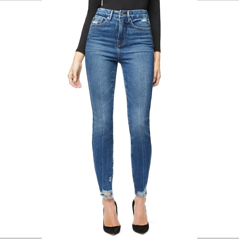 Good American Curve skinny jeans high rise waist blue distressed ankle new 28 6